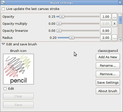 Brush settings window